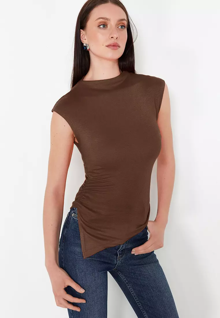 Brown Stand Collar with Gather/Drape Detail Fitted/Asymmetrical Knitted Blouse TWOSS24BZ00534