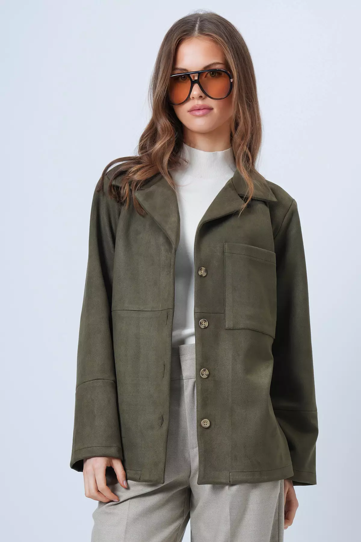 Khaki Single Pocket Faux Suede Jacket With Stitching Detail Alc-X14404