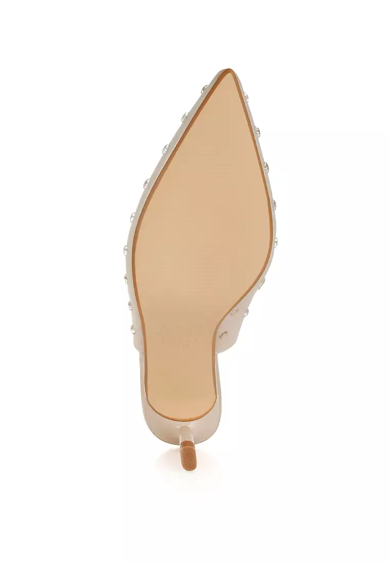 Heart-Shaped Rhinestone Studded Slingbacks in Beige