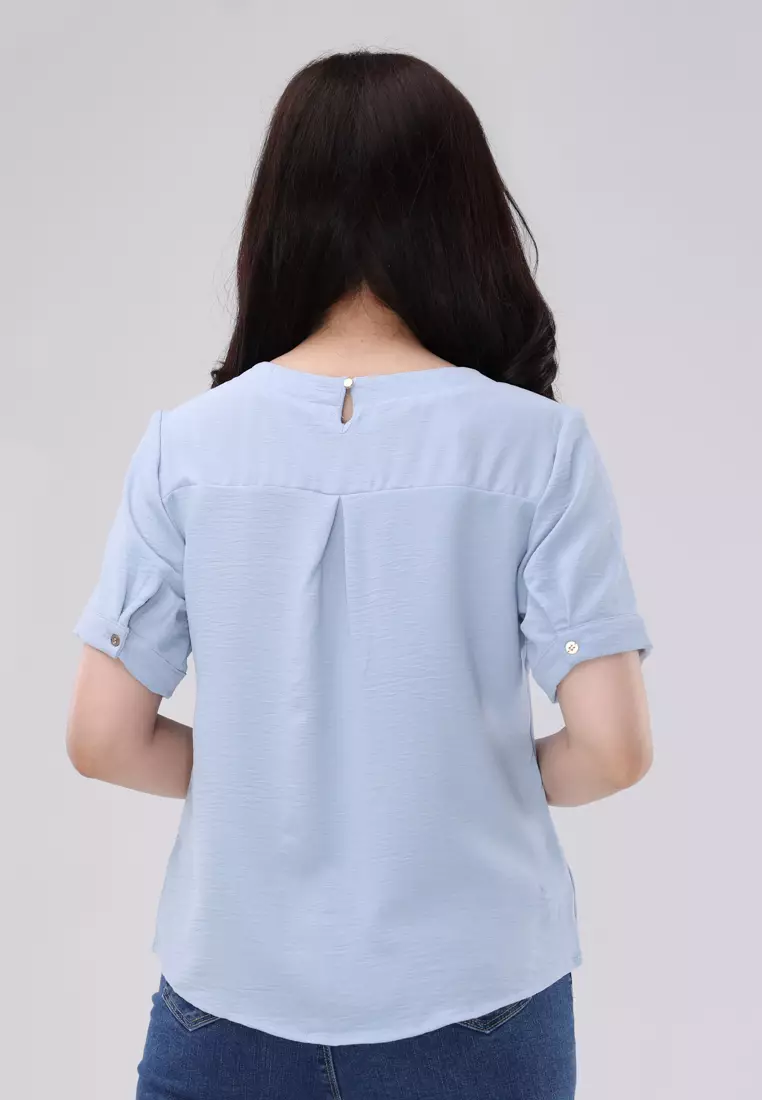 Linen Wrinkles Short Sleeves Round Neck Blouse