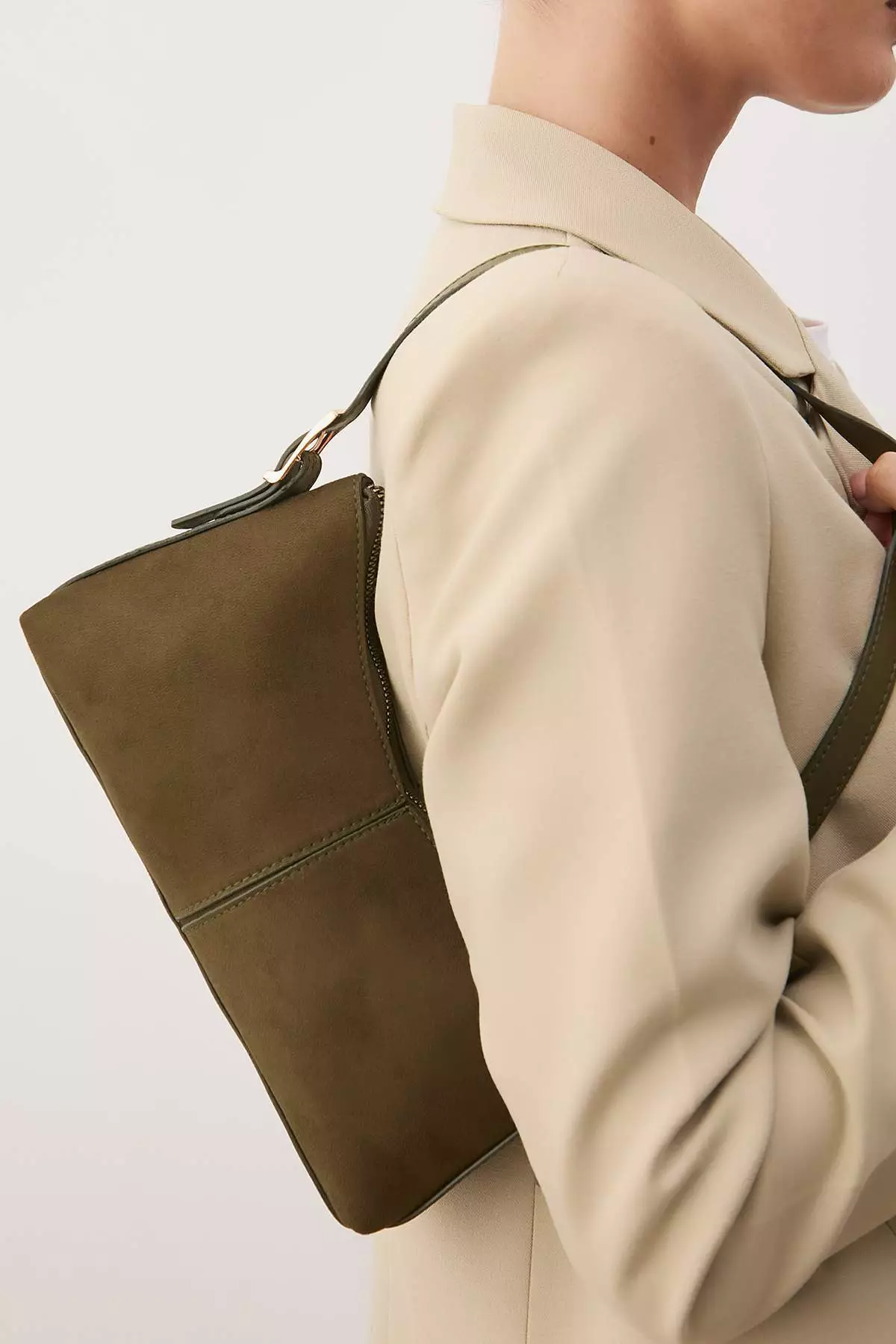 Khaki Suede Adjustable Strap Detailed Oval Women'S Mini Size Shoulder Bag Takaw26Oc00003