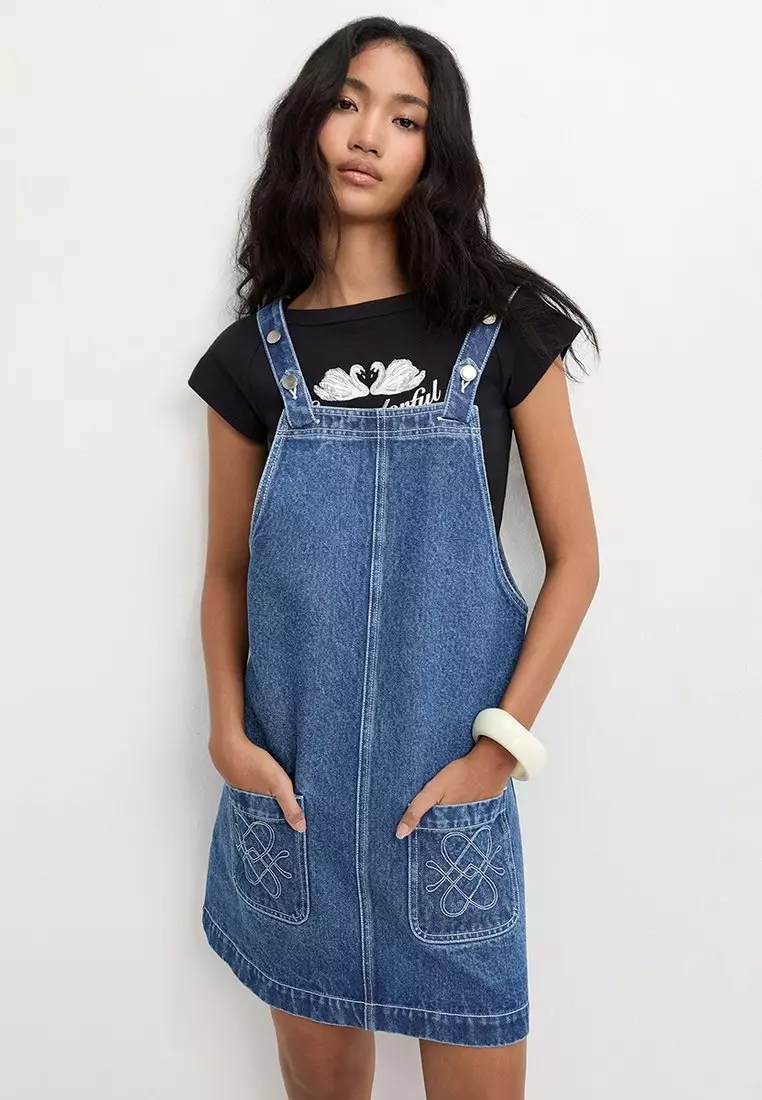 Denim Overall Dress With Pockets - Blue