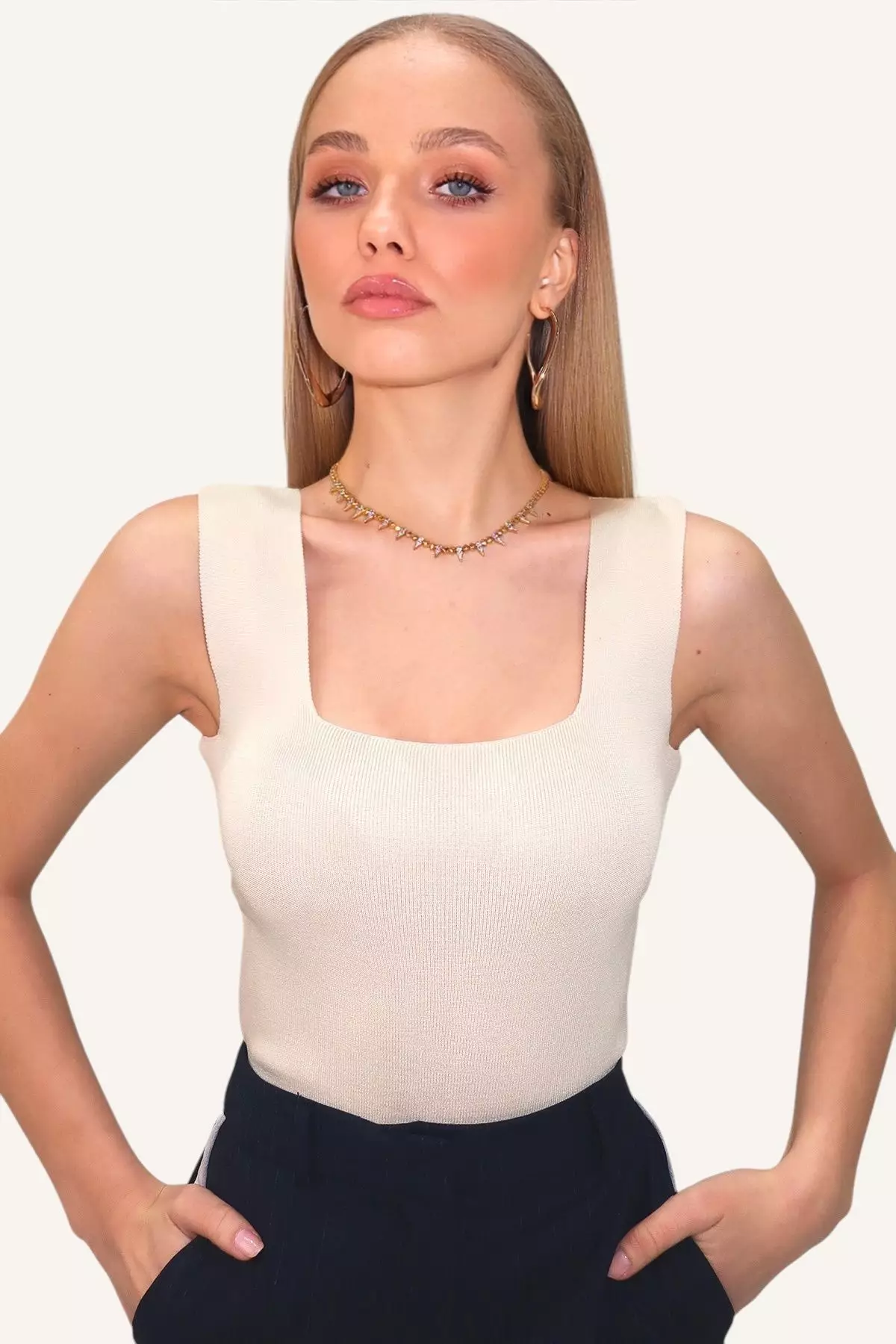 Women's Beige Square Neck Slim Mercerized Blouse