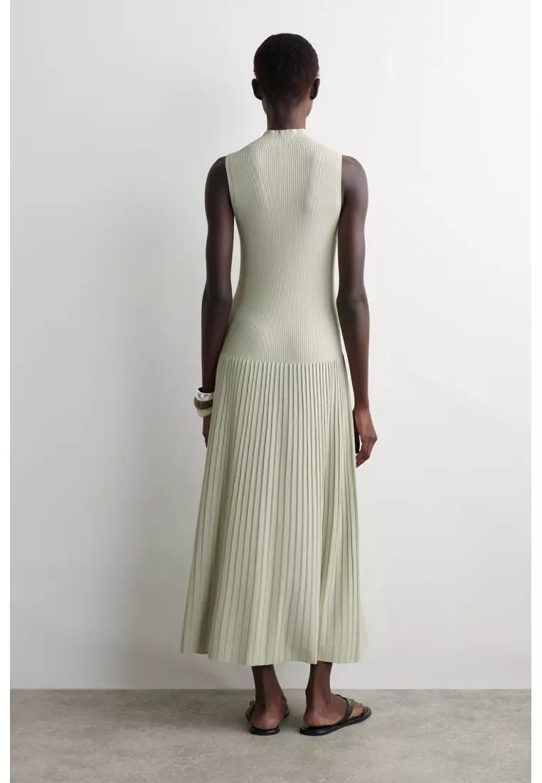 PLEATED HIGH-NECK MAXI DRESS