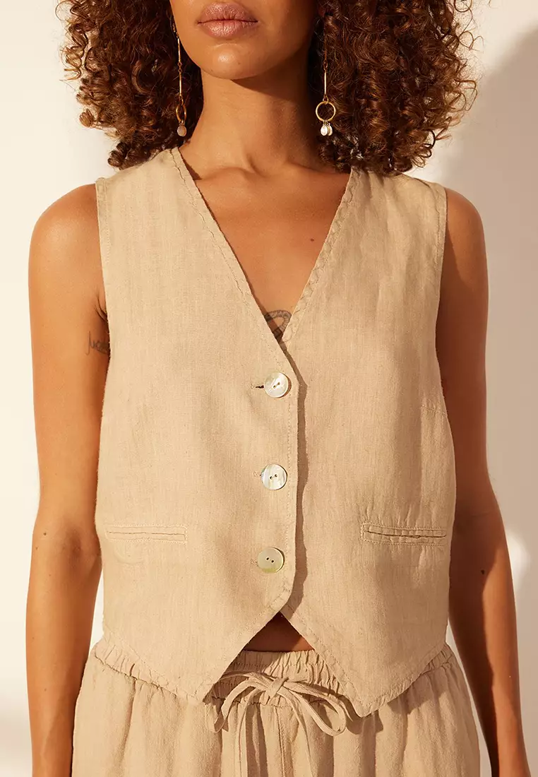 Beige 100% Linen Fitted Vest Twoss24Ye00040