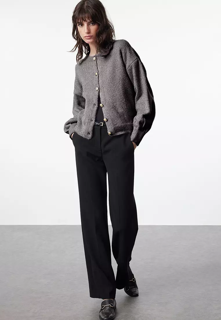 Anthracite Button Detailed Soft Texture Knitted Cardigan