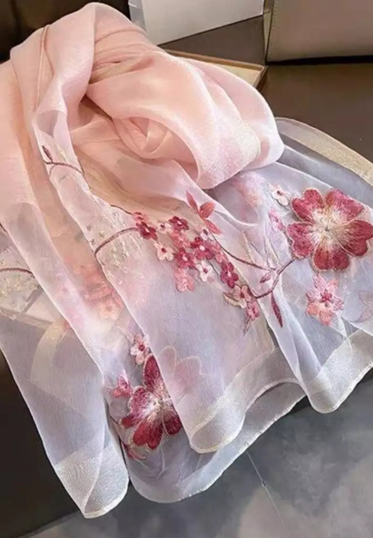 Golden Thread Embroidery Flowery Silk Shawl Syal Sutra Wanita Pink