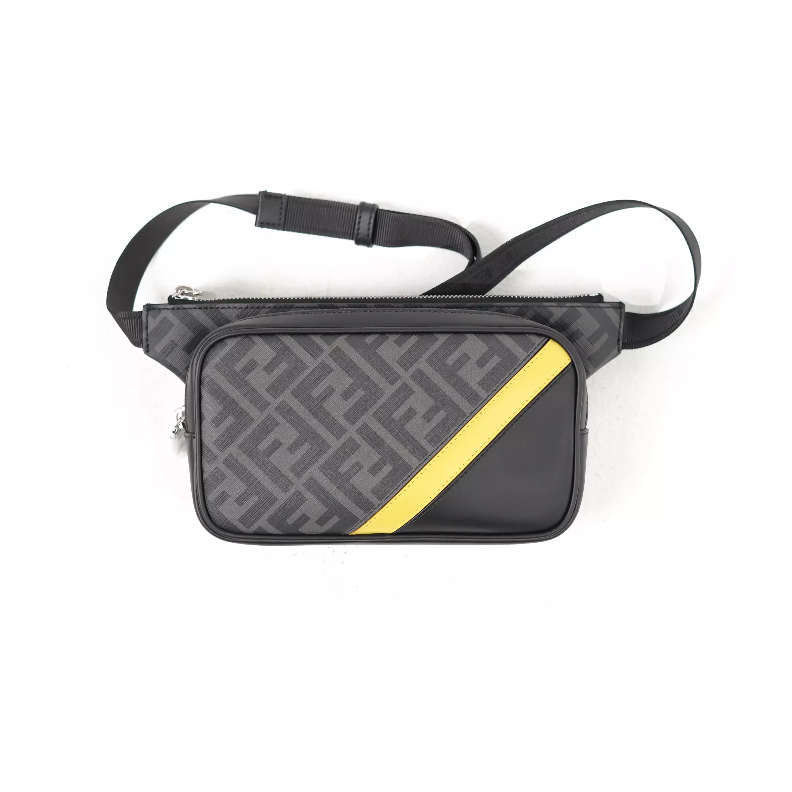 Tas FENDI FF DIAGONAL YELLOW BLACK SQUARE LEATHER WAIST BAG 100% ORIGINAL