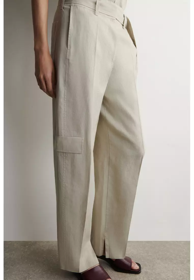 BELTED LINEN BARREL-LEG TROUSERS