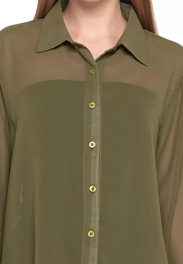Calder Kemeja Atasan Transparan Front Button Opening Design Simple Plain Shirt Wanita - Green