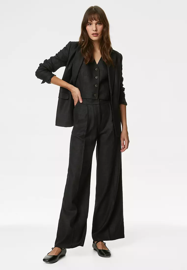 Linen Rich Pleated Wide Leg Trousers