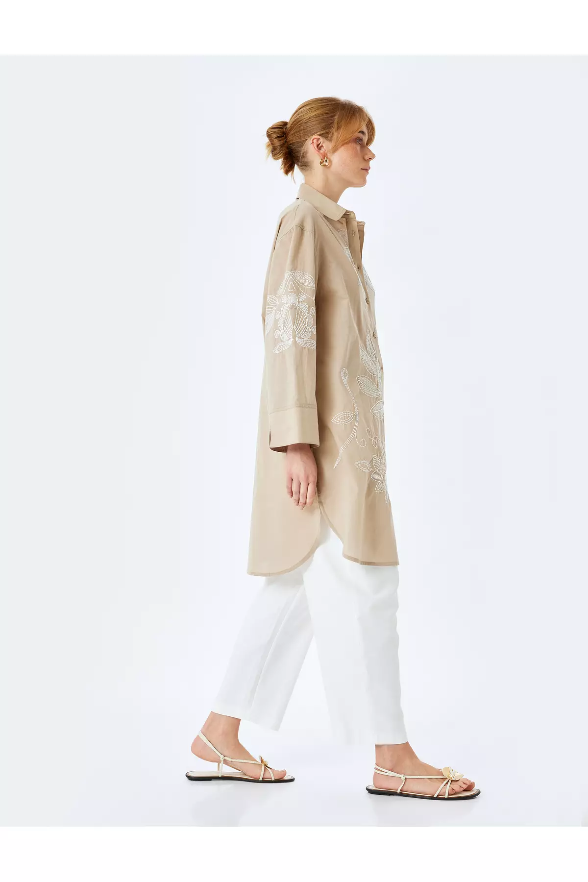 Cotton Floral Embroidered Detailed Shirt Collar Long Oversize Tunic
