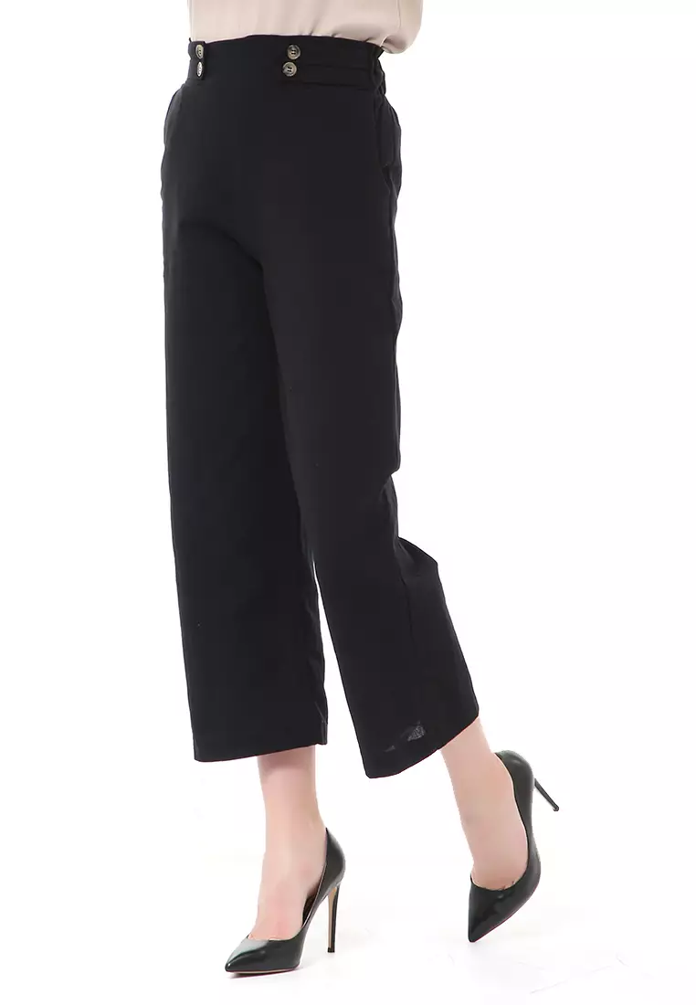 Stella Casual Long Pants Wanita Celana Kulot Highwaist Double Botton Material Linen ORIGINAL - Black