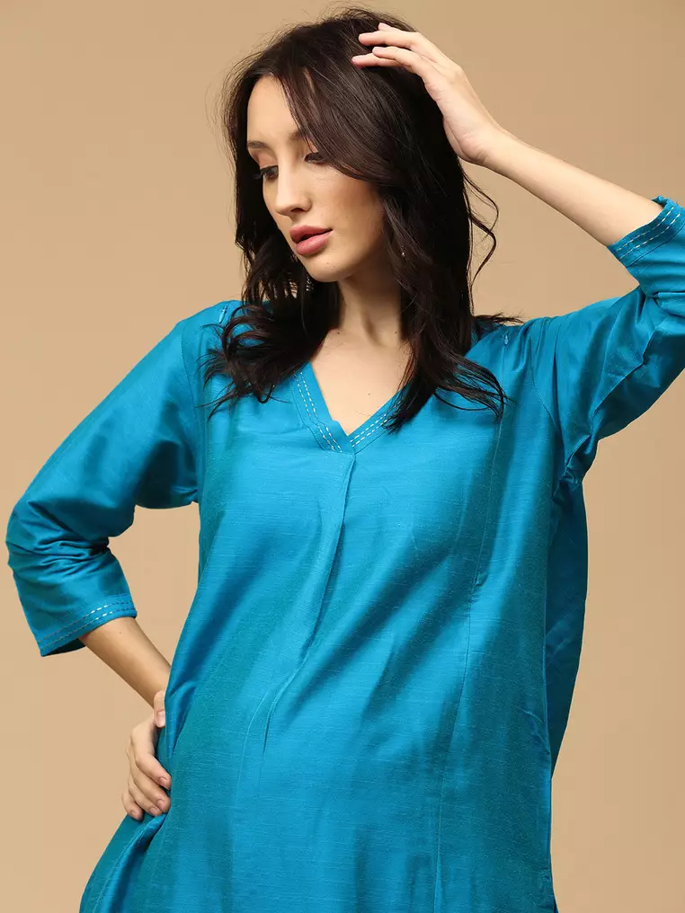 Mermaid Moment Embroidered Maternity and Nursing Silk Kurta Set - Aqua Blue