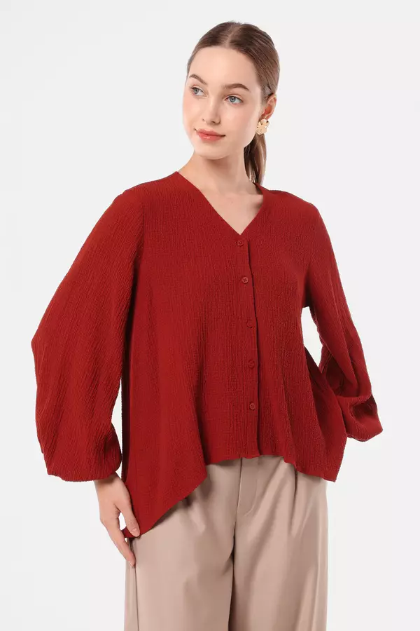 MINIMAL - Tricledot - Blouse V-Neck Lengan Balon - Red Colour Red