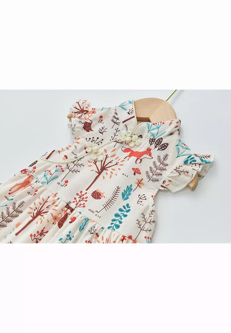 女童印花漢服唐裝褶邊袖裙狐狸森林新年拜年衣服