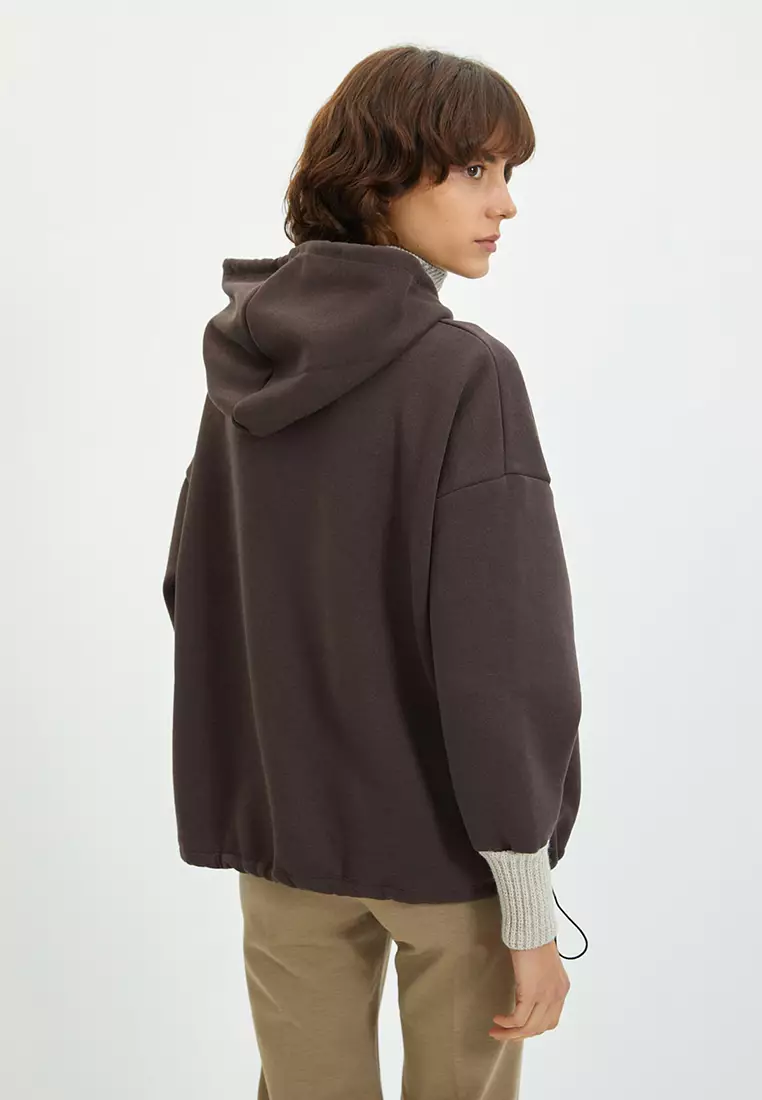 Brown Thick Fleece Inner Tricot Tape Detailed Hooded Knitted Sweatshirt