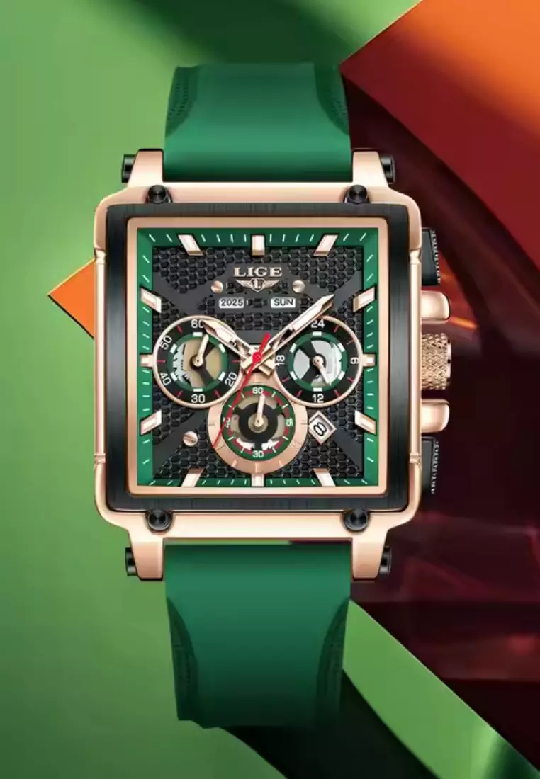 Unisex Chronograph IP Pink Gold Color Metal Alloy Quartz Watch, 44mm W x 44mm H, Silicone Strap