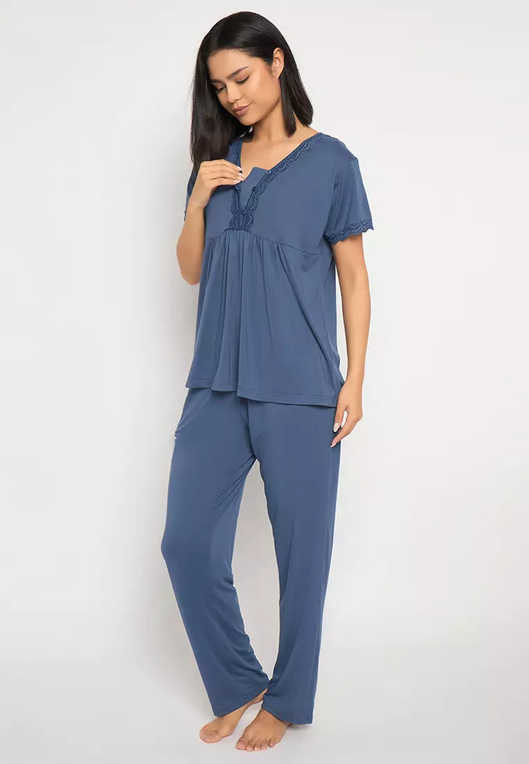 Clovia Peplum Top & Pyjama Set in Steel Blue