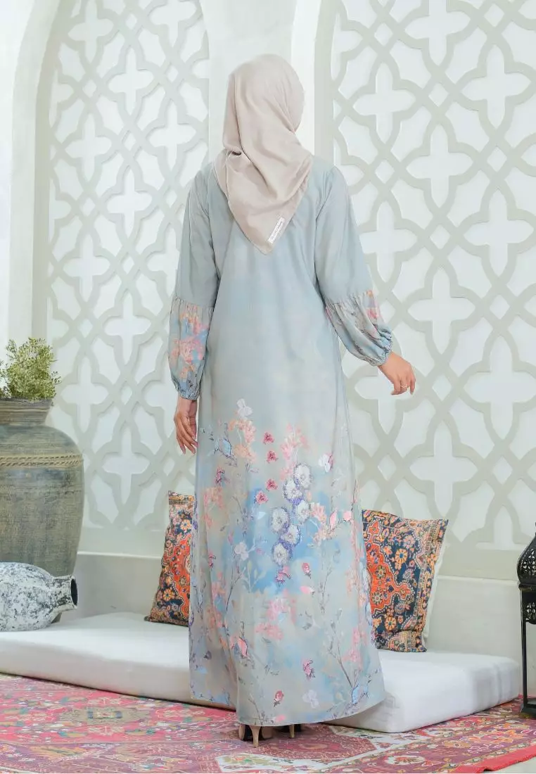 Gamis Lengan Balon Motif Bunga Kekinian Warna Hijau Sage By Brilliant Girl Warna HIJAUSAGE