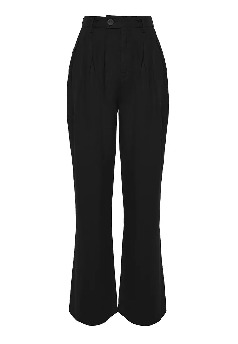 Buy Trendyol Black Pure Linen Pleated High Waist Wide Leg Pants