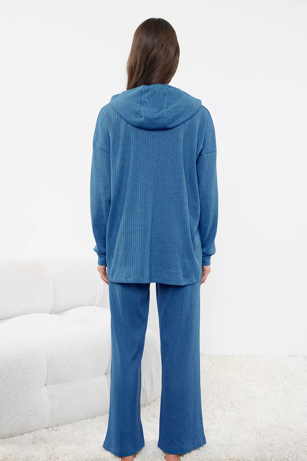 Blue Hooded Ribbed Knitted Pajama Set Thmaw22Au0334