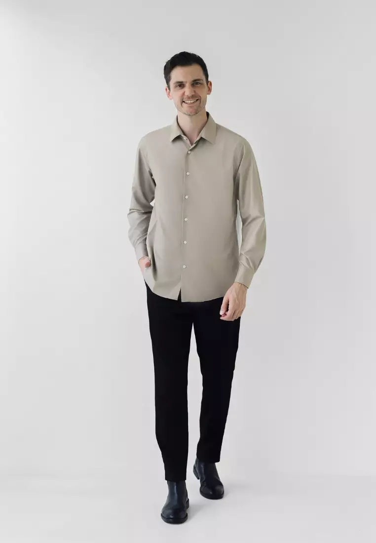 Cotton Well Elvon Smart Shirt Taupe | Kemeja Pria Formal Basic Clean Lengan Panjang Cokelat Abu