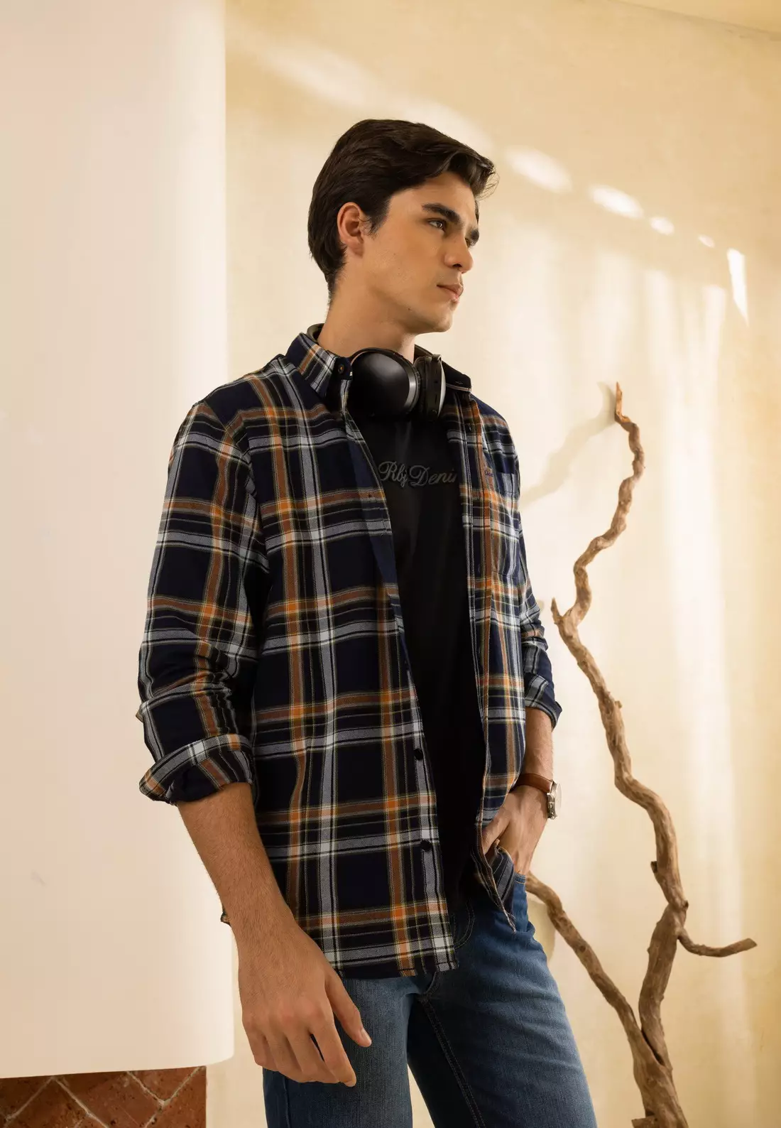 POLICE Kemeja Kotak Twill Orange Regular Fit Lengan Panjang Pria