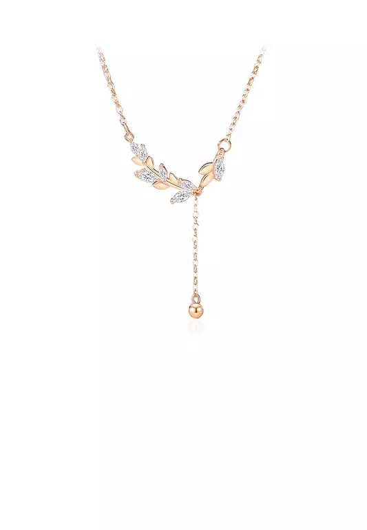 925 Sterling Silver Plated Rose Gold Simple Elegant Wheat Tassel Pendant with Cubic Zirconia and Necklace - Luxurious Look