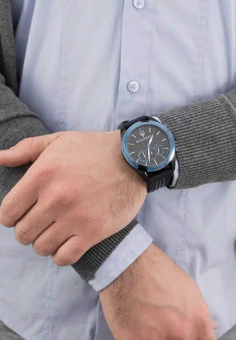 【2 Years Warranty】Maserati Traguardo Black & Blue PU Quartz Chronograph Watches R8871612006 With Luminous Hands