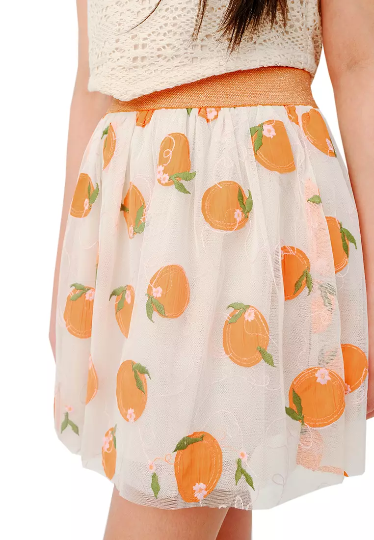 Girls Orange Embroidered Skirt