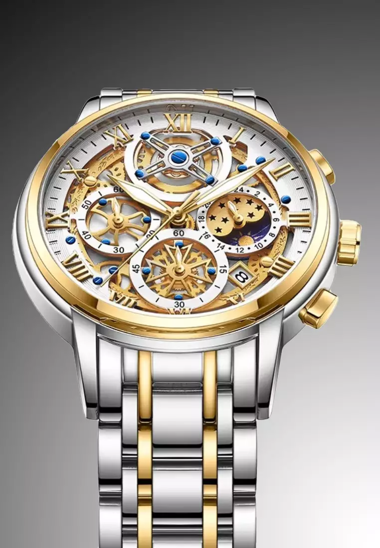 Skeleton Unisex Stainless Steel Chronograph Quartz watch 42mm on Steel Bracelet