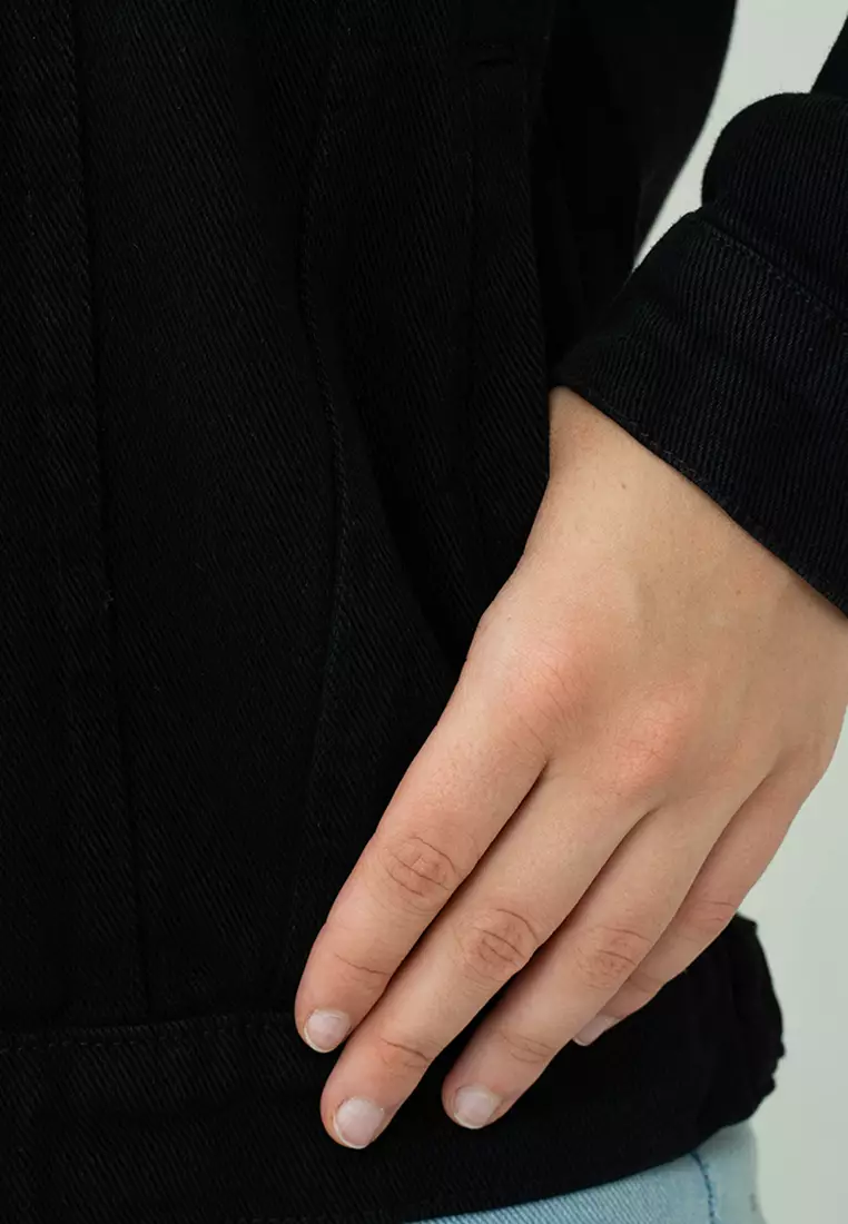 Houseofcuff Jaket Jeans Wanita Polos Tebal Jaket Denim Hitam Unisex