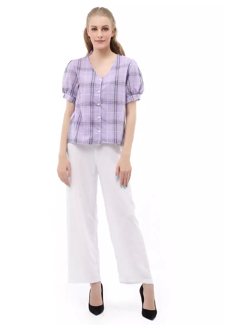 Holly Atasan Kasual Kemeja Crop Top Wanita Lengan Pendek Material Cotton ORIGINAL - Purple