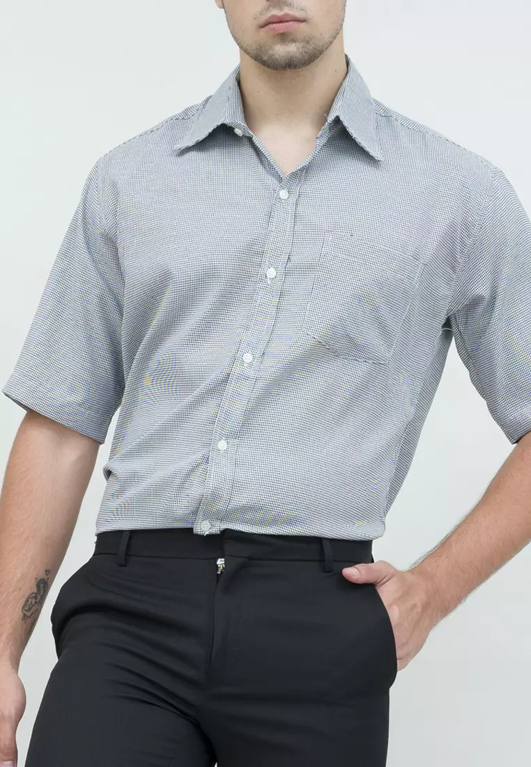 Kemeja slim fit lengan pendek pria kerja Hitam Houndstooth houseofcuff