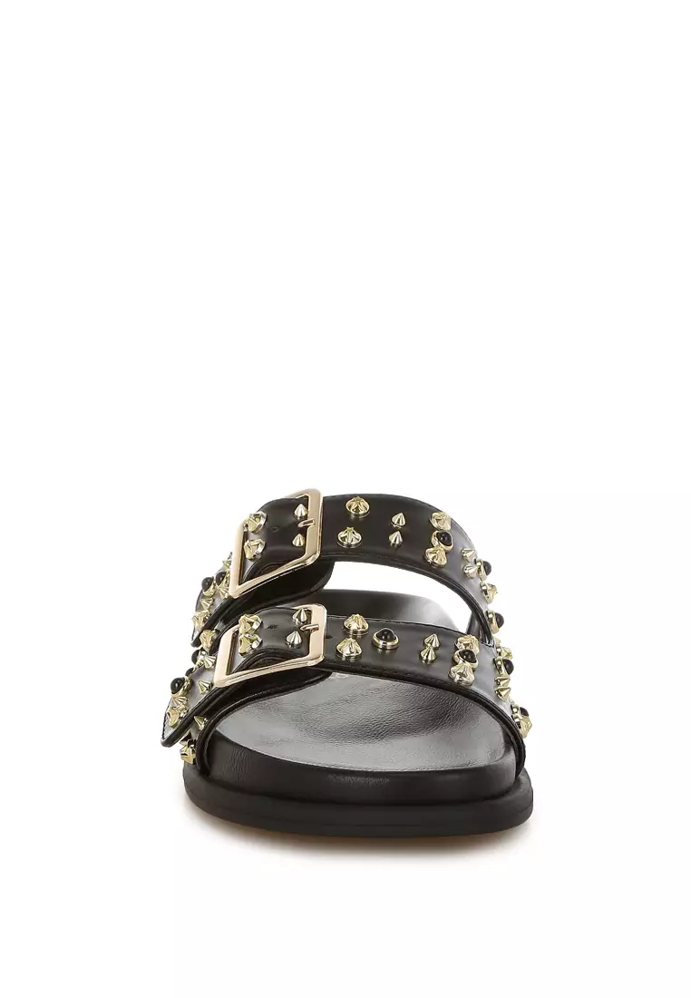 Metallic Stud Embellished Sliders In Black