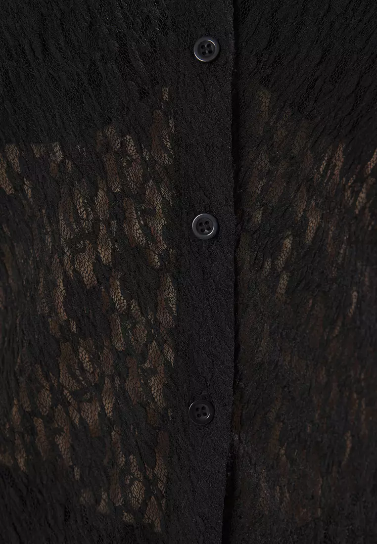 Black Polo Neck Lace Fitted/Fits Body Flexible Knitted Blouse TWOSS25BZ00407