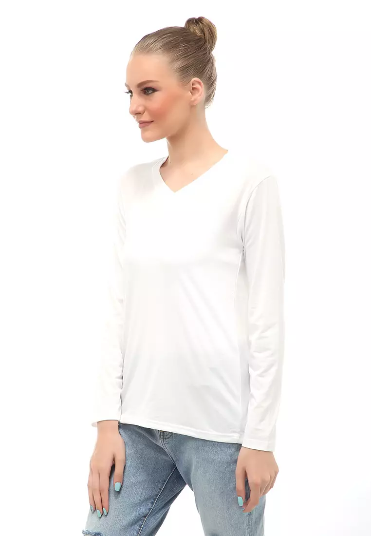 Kaos Polos Atasan Wanita V-Neck Lengan Panjang Design Simple Relaxed Fit - Putih