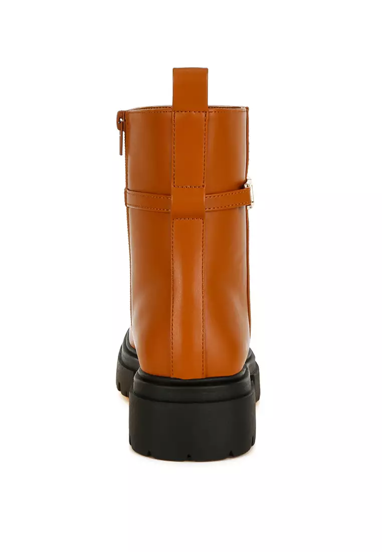 Buckle Belt Ankle Boots in Tan