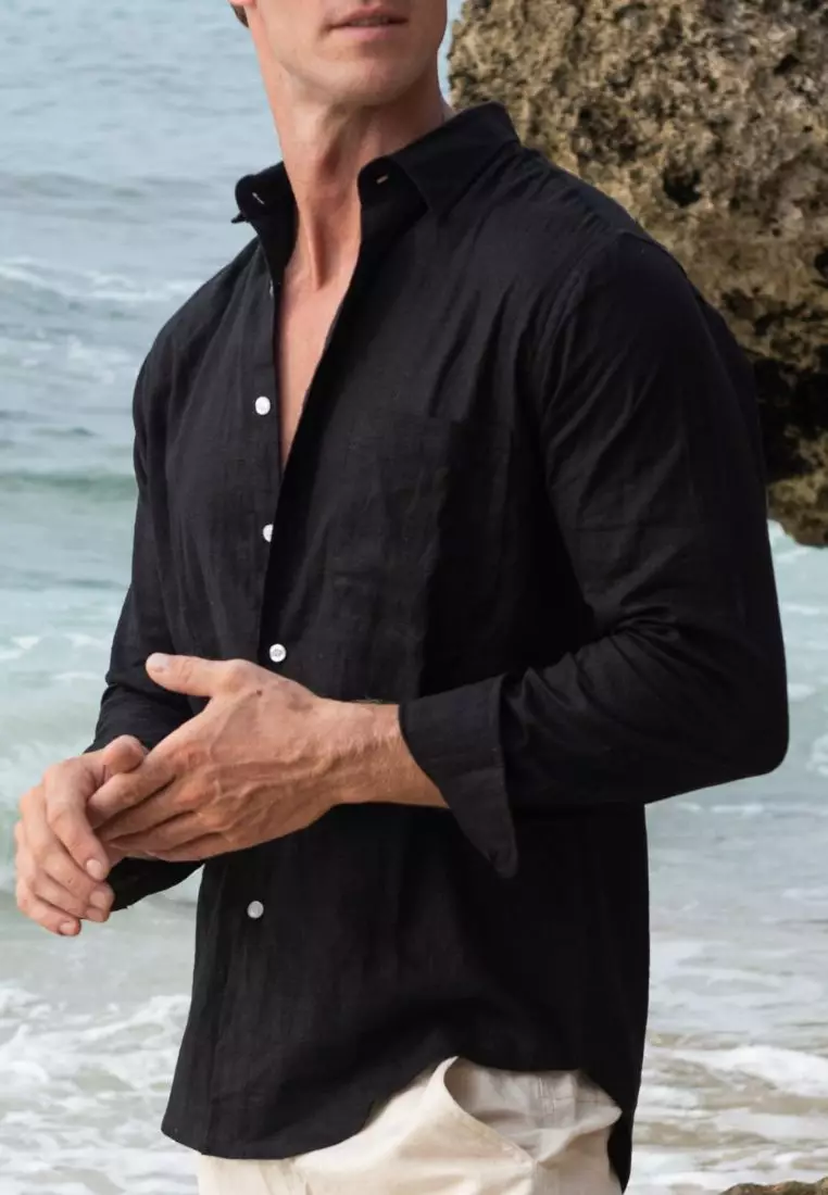 Midnight Kemeja Linen Lengan Panjang Pria Hitam | Linen Long Sleeve Shirt Men Black
