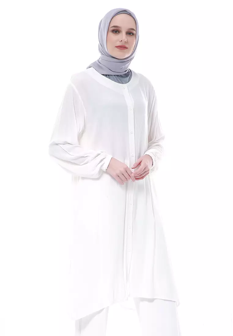 Aulia Tunik Pakaian Muslimah Wanita Lengan Panjang Motif Polos Regular Fit Premium High Quality - White