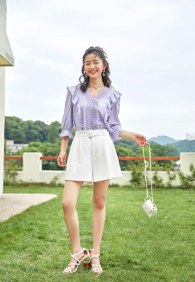 Ruffle V-Neck Lace Top