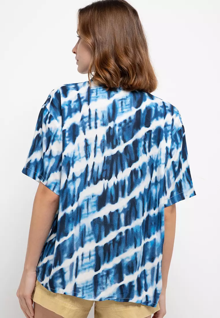 Nade Japan FTA33 Vcs Kemeja Rayon Tie Dye Slanted Kerah 2-in-1 Kemeja Piyama Wanita Biru