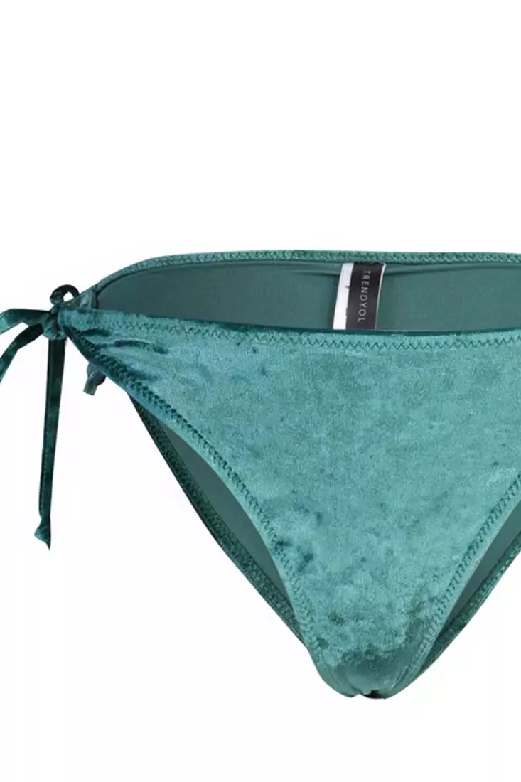 Green Blue Velvet String Bikini Bottoms Tie Side Cheeky / Thong