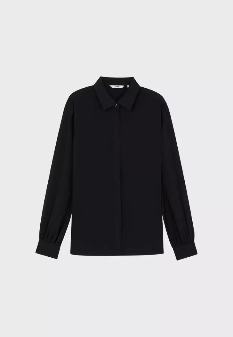 Black Pleated Cuffs Long Sleeve Top