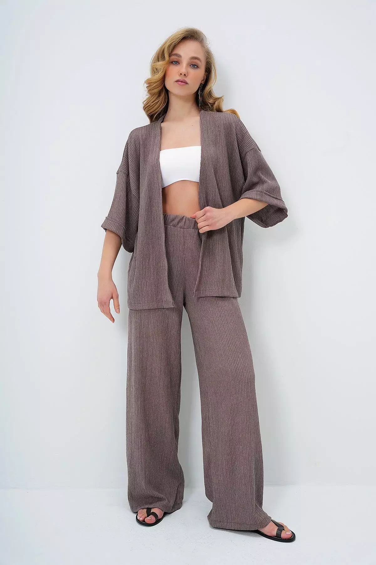 Women's Mink Double Sleeve Wrap Fabric Summer Kimono And Trouser Set