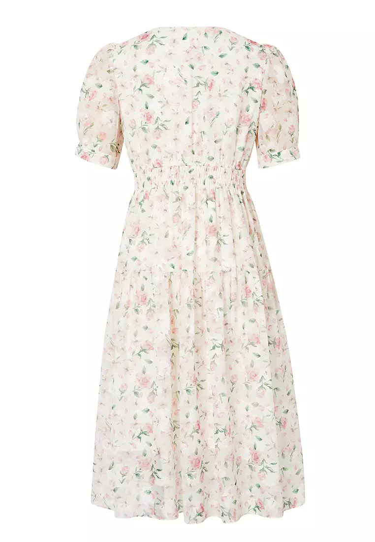 Puff Sleeve V-Neck Floral Dress with Ruched Waist Design