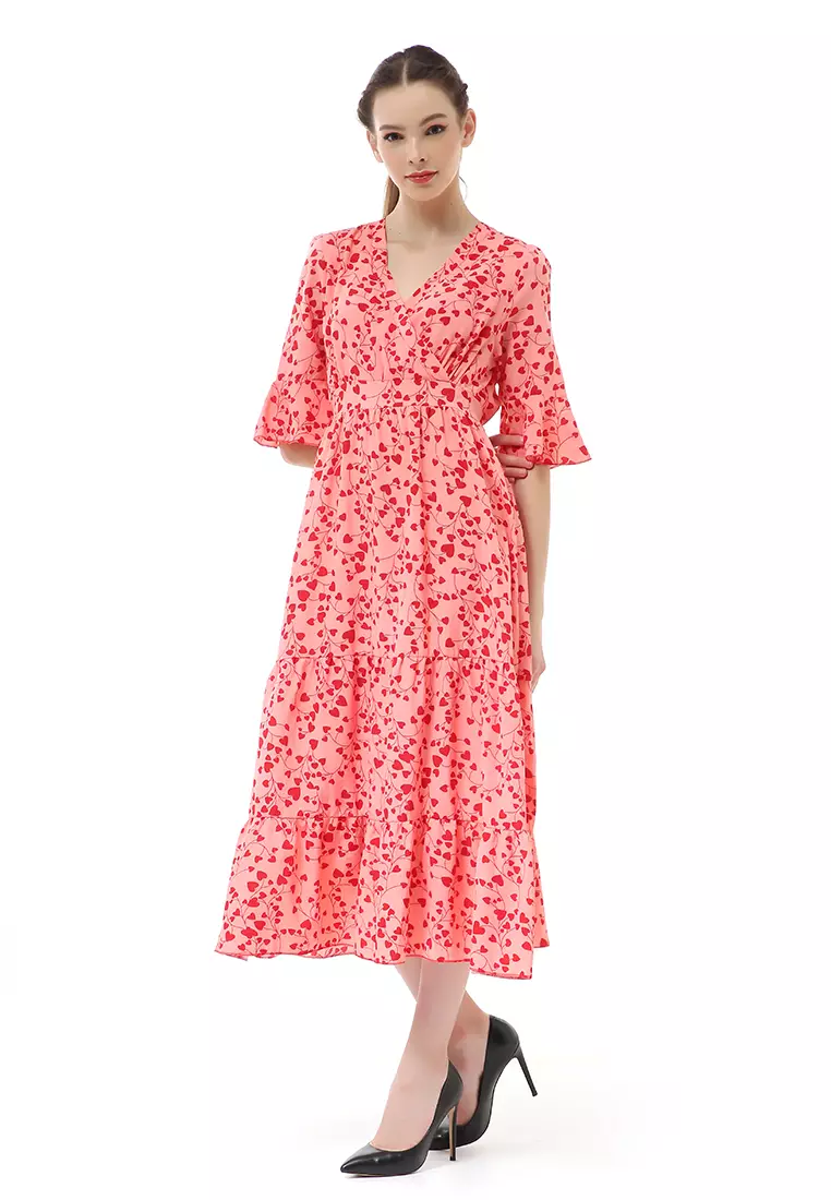 Rachel Midi Dress Wanita Vneck Lengan Pendek Desain Karet Material Polyester ORIGINAL - Pink