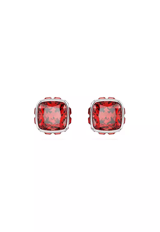 Birthstone Stud Earrings, Square Cut, July, Red, Rhodium Plated