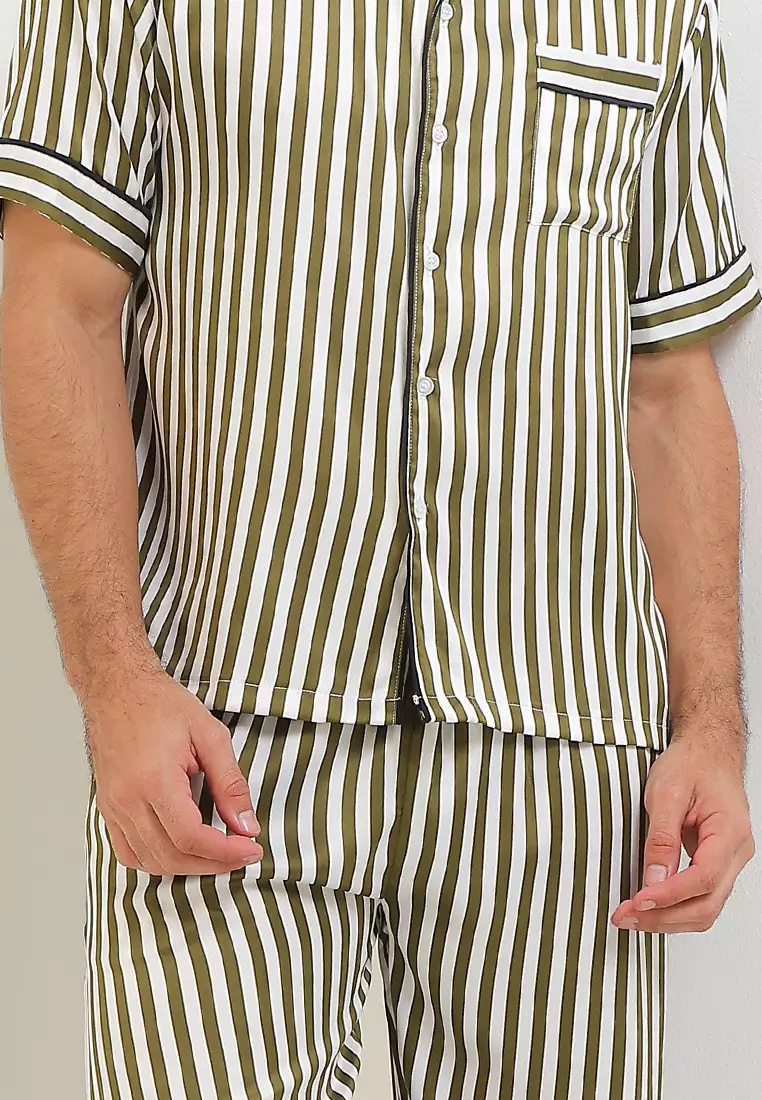 Pyjama Pijama Baju Tidur Satin Silk Kantong Baju Celana Short Sleeve Long Pants Mens Pria Sleepwear